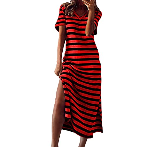 Sommerkleid Damen Lang - Tshirtkleider Damen Sommer Maxikleider V-Ausschnitt Ärmellos Hauskleid Gestreiftes T-Shirt Kleid Mit Seitenschlitz Leicht Ballkleid Sexy Tunikakleid Elegant Freizeitkleider von Generic