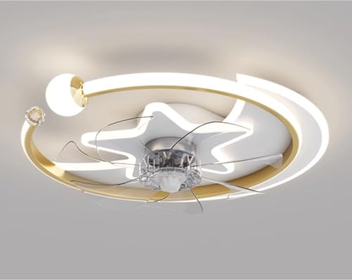 WGFJKI Nordic Blue Ceiling Fan Lamp Cartoon Star Moon Round Ceiling Fan Light with Remote Control Three Base Color Dimming Silent Invisible Fan Ceiling Light for Bedroom 's Room(Gold) von Generic