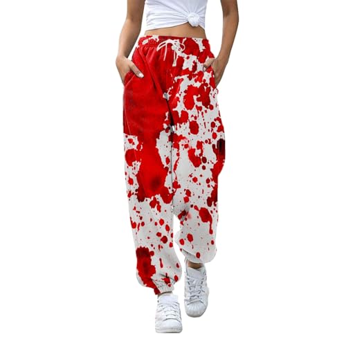 2025 Halloween Hosen Damen - Kostüm Blutig Problem Gelöst Mit Blut Spritzer Muster Bequem Gruselig Sweatpants Weite Sporthosen Lang Baggy Jogginghose High Waist Freizeithosen Sweathose Taschen S-XXL von Generisch