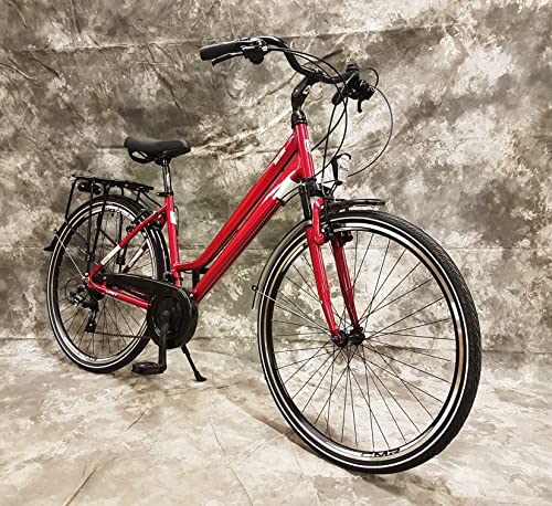 28 Zoll ALU Damen City Rad, gefedert mit 21-Gang Shimano Kettenschaltung, Gepäckträger und Licht NEU 2833-Bordaeux-Rot von Generisch