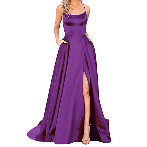 Abendkleid Damen Lang Satin Kleid Ballkleider Brautjungfernkleider Abschlussballkleid Langes Kleid Damen Elegant Dress Brautkleid Abendkleid Mit Schlitz Hochzeitskleid Kleid Damen Lila M von Generisch