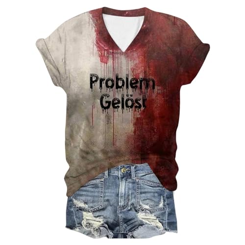 Problem Gelöst Halloween T-Shirt Damen V-Ausschnitt Kurzarm Blutiges Shirt Horror T Shirts Khaki XXL von Generisch