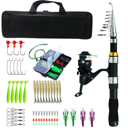 Angelrutenkombination – schwarze Farbe, tragbare Angel-Kombination mit Etui, Set für Erwachsene, Reisen, Salzwasser, Süßwasser, wiederverwendbar, Meerestiere, Zubehör, tragbar für Angler-Enthusiasten von Generisch
