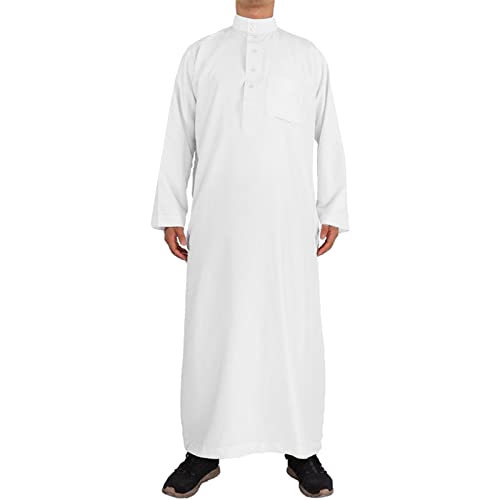 Arabische Kleidung Herren Weiß Gebetskleidung für Männer Muslim Stehkragen Einfache Bequemes Langarm Thobe Lose Robe mit Taschen Mittlerer Osten Islamische Ramadan Roben Gebetskleid von Generisch