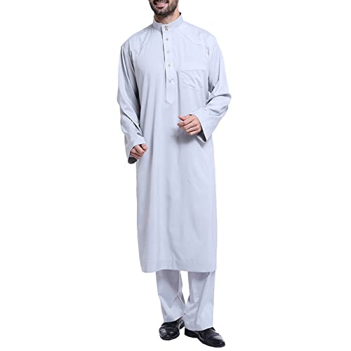 Arabische Kleidung Herren Weiß Muslimische Kleider Herren Kaftan Rundhals Patchwork Gemütliche Lose Robe Langen Ärmeln Knopf Hoch Thobe mit Taschen Jilbab Ramadan Roben Gebetskleid von Generisch