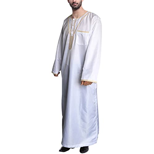 Arabische Kleidung Herren Weiß Muslimische Kleider Herren Kaftan Rundhals Patchwork Gemütliche Lose Robe Langen Ärmeln Knopf Hoch Thobe mit Taschen Jilbab Ramadan Roben Gebetskleid von Generisch