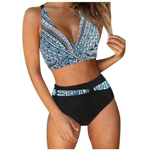 Bademode Damen, Bikini Damen Set Zweiteiliger Badeanzug V Ausschnitt Überkreuztes Blumenmuster Bikini Bademode High Waist Bauchkontrolle Bikini Sets von Generisch