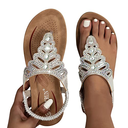 Generisch Sandalen Damen Silber Sandalen Damen Sommer Elegant Boho Flache Strass Glitzer T-Riemen Sommerschuhe Flip Flops Weichen Sohlen Bequem Sandaletten Freizeit Gummiband Slingback Silber 41 von Generisch