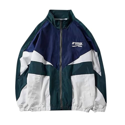 College Jacke Herren Damen Patchwork Farbblock Zipper Techno Übergangsjacke College Jacke Hip Hop Outfit Aesthetic Y2k Teenager Mädchen Bomberjacke Pullover Grün XXL von Generisch