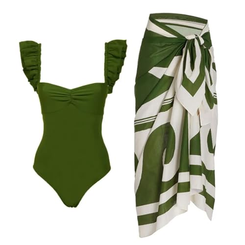 Damen-Bikini-Set, 2-teilig, einteiliger Badeanzug mit passendem Cover-Up-Maxi-Wickelrock, Set mit grünem Aufdruck (Farbe : Green, Größe : S) von Generisch