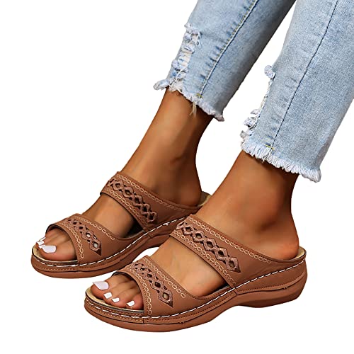 Damen Pantoletten,Orthopädische Pantoletten Damen Hausschuhe Damen Sommer Breite Füße Badesandalen Schlappen Leicht Sandalen Sommerschuhe mit Fussbett Weite Latschen Schuhe Leder Latschen Braun 42 von Generisch