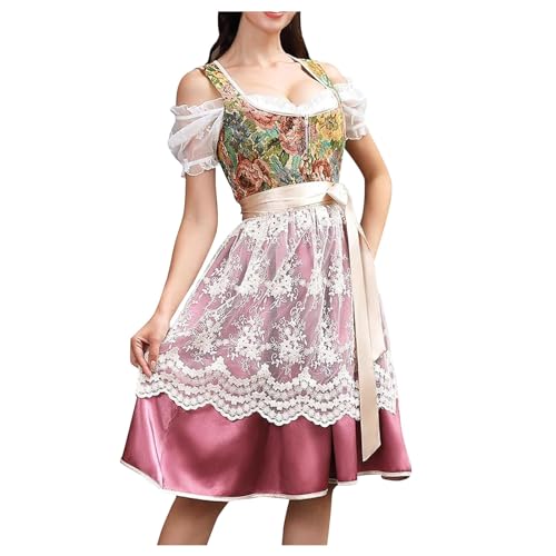 Dirndl Damen Midi - Trachtenkleid Lang Trachtenrock Trachtenmode Dirndlbluse Dirndlschürze 3 Teilig Für Oktoberfest Grosse Grössen Kleid Outfit Dirndl Schürze Spitze Dirndlkleid Rosa von Generisch