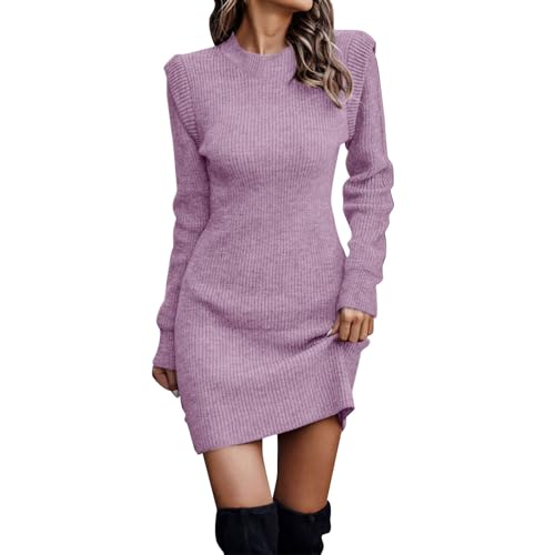 Elegant Strickkleid Damen Pulloverkleid Weich Lässig Longpullover Tunika Aesthetic Pulli Freizeit Langarm Kleid Dresses for Women Pullover Kleid Lila XXL von Generisch