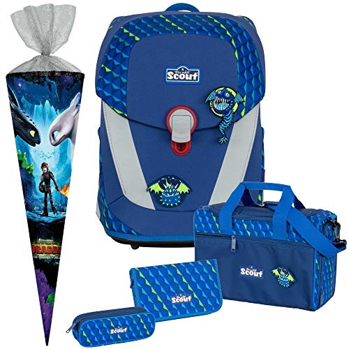FLYING MONSTERS - Dragons Drache - Scout Sunny II mit Funny Snaps Schulranzen-Set 5tlg. mit SPORTTASCHE - SCHULTÜTE GRATIS DAZU, Blau, Größe: B 29 x H 39 x T 22 cm von Generisch