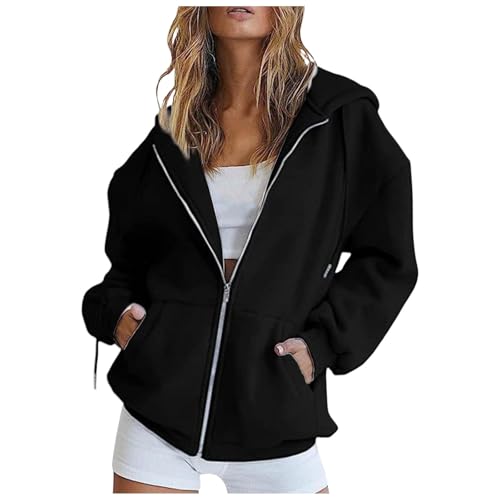 Fleecejacke Damen Lang,Hoodie Damen Sweatjacke Kapuzenjacke Lang Sweatshirt Kapuzenpullover Mit Kapuze Langarm Reißverschluss Mantel Oversize Pullover Sport Style Zipper Oversize Sweatshirtjacke von Generisch