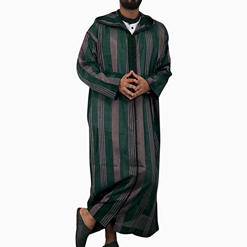 Gebetskleidung FüR Männer Islam Grün Muslimische Kleider Herren Kapuze Einfache Streifen Thobe Langen Ärmeln Kaftan mit Reißverschlüsse Arabische Lang Herren Gebetskleid Für Ramadan von Generisch