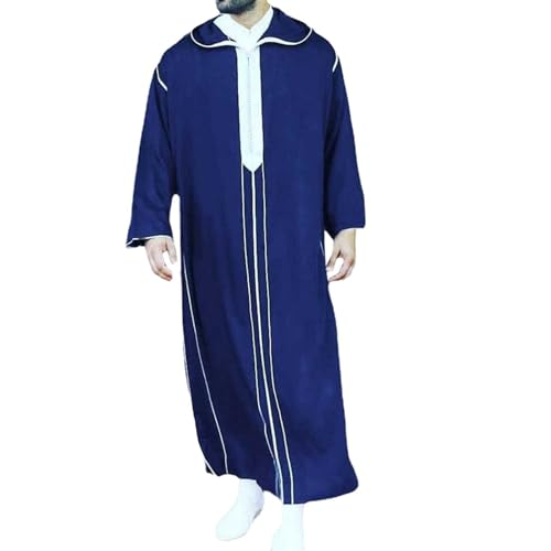 Gebetskleidung Für Männer Islam Blau Gebetskleidung Für Männer Mit Kapuze Arabische Kleidung Herren Muslim Kaftan Streifen Roben für männer Crew Neck Langarm Lose Thobe von Generisch