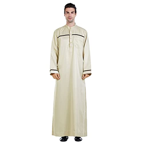 Gebetskleidung für Männer Weiß Muslimische Kleider Herren Kaftan Patchwork Lose Robe Langen Ärmeln Knopf Hoch Thobe mit Taschen Gemütliche Jilbab Ramadan Roben Gebetskleid von Generisch