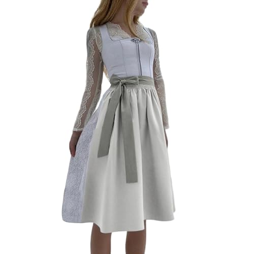 Generisch Dirndl Bluse Damen BH weiß schwarz grün schürze Push up, Dirndl Damen Midi Kleid - Trachtenkleid Lang Trachtenrock Dirndlbluse Dirndlschürze 3 Teilig Für Oktoberfest Outfit Spitze Silber M von Generisch