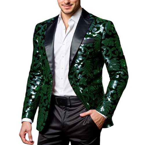 Generisch Glitzer Pailletten Blazer Sakko Karneval Kostüm Herren, Samtherrenanzugjacke mit tiefem V-Ausschnitt Paillettenapplikation für Hochzeitsfeiern sowie Alltagsmode in Frühling Winter von Generisch