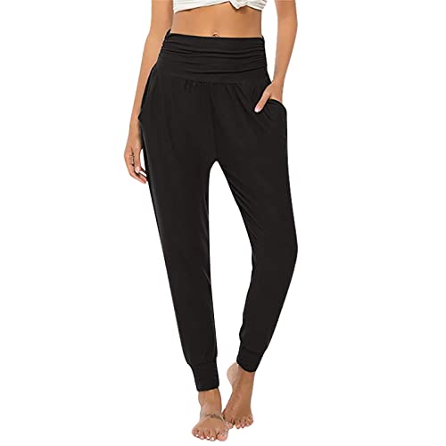 Sommerhose Damen Schlafanzughose Pumphose High Waist Boho Freizeithose Bequeme Lang Sport Sporthose Haremshose Schwarz M von Generisch