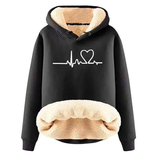Generisch Teddy Pullover Damen,Hoodie Damen - Kapuzenpullover mit Tasche Teddy-Fleece Pullover Einfarbig Casual Langarm Sweatshirt Verdickt Warm Oberteil Fleecepullover für Herbst Winter Black XL von Generisch