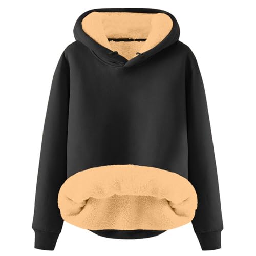 Generisch Teddy Pullover Damen,Hoodie Damen - Kapuzenpullover mit Tasche Teddy-Fleece Pullover Einfarbig Casual Langarm Sweatshirt Verdickt Warm Oberteil Fleecepullover für Herbst Winter Black XXL von Generisch