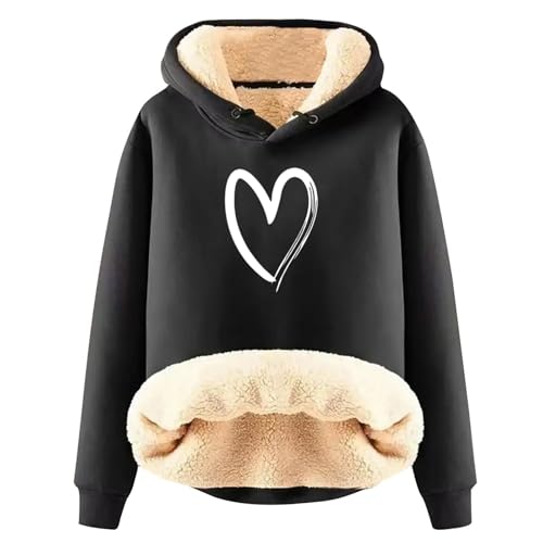 Generisch Teddy Pullover Damen,Hoodie Damen - Kapuzenpullover mit Tasche Teddy-Fleece Pullover Einfarbig Casual Langarm Sweatshirt Verdickt Warm Oberteil Fleecepullover für Herbst Winter Black XXL von Generisch
