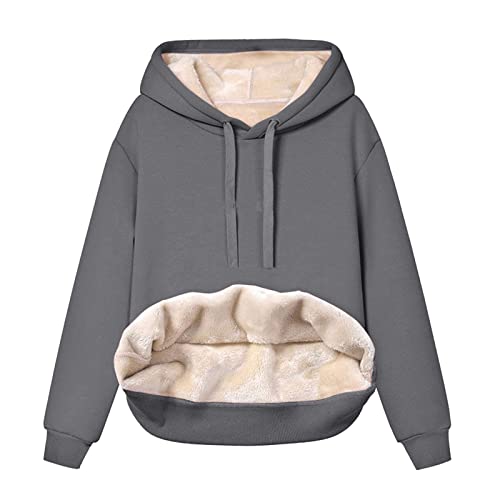 Generisch Teddy Pullover Damen,Hoodie Damen - Kapuzenpullover mit Tasche Teddy-Fleece Pullover Einfarbig Casual Langarm Sweatshirt Verdickt Warm Oberteil Fleecepullover für Herbst Winter Dark Gray M von Generisch