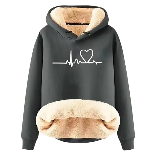 Generisch Teddy Pullover Damen,Hoodie Damen - Kapuzenpullover mit Tasche Teddy-Fleece Pullover Einfarbig Casual Langarm Sweatshirt Verdickt Warm Oberteil Fleecepullover für Herbst Winter Grey 4XL von Generisch