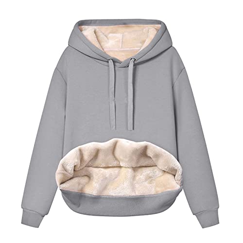 Generisch Teddy Pullover Damen,Hoodie Damen - Kapuzenpullover mit Tasche Teddy-Fleece Pullover Einfarbig Casual Langarm Sweatshirt Verdickt Warm Oberteil Fleecepullover für Herbst Winter Grey M von Generisch