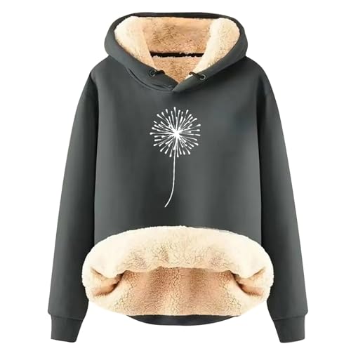 Generisch Teddy Pullover Damen,Hoodie Damen - Kapuzenpullover mit Tasche Teddy-Fleece Pullover Einfarbig Casual Langarm Sweatshirt Verdickt Warm Oberteil Fleecepullover für Herbst Winter Grey XL von Generisch