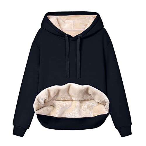 Generisch Teddy Pullover Damen,Hoodie Damen - Kapuzenpullover mit Tasche Teddy-Fleece Pullover Einfarbig Casual Langarm Sweatshirt Verdickt Warm Oberteil Fleecepullover für Herbst Winter Navy L von Generisch