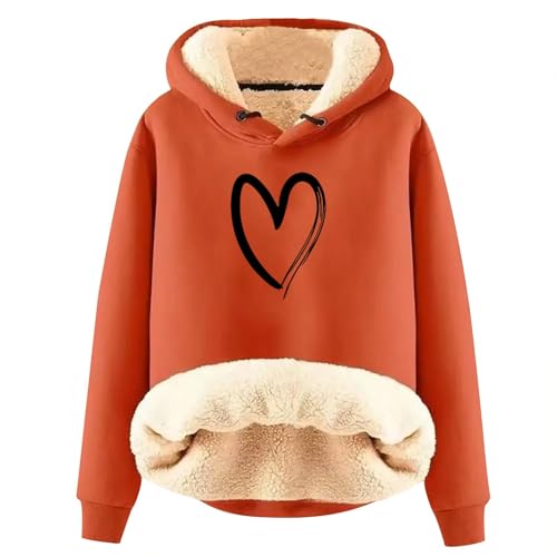 Generisch Teddy Pullover Damen,Hoodie Damen - Kapuzenpullover mit Tasche Teddy-Fleece Pullover Einfarbig Casual Langarm Sweatshirt Verdickt Warm Oberteil Fleecepullover für Herbst Winter Orange XL von Generisch