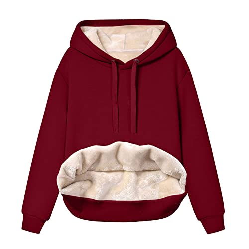 Generisch Teddy Pullover Damen,Hoodie Damen - Kapuzenpullover mit Tasche Teddy-Fleece Pullover Einfarbig Casual Langarm Sweatshirt Verdickt Warm Oberteil Fleecepullover für Herbst Winter Wine S von Generisch
