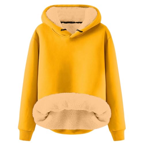 Generisch Teddy Pullover Damen,Hoodie Damen - Kapuzenpullover mit Tasche Teddy-Fleece Pullover Einfarbig Casual Langarm Sweatshirt Verdickt Warm Oberteil Fleecepullover für Herbst Winter Yellow 5XL von Generisch