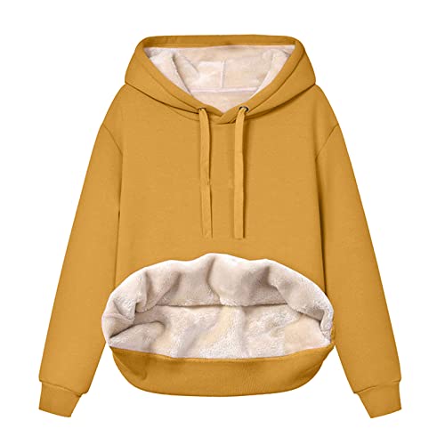 Generisch Teddy Pullover Damen,Hoodie Damen - Kapuzenpullover mit Tasche Teddy-Fleece Pullover Einfarbig Casual Langarm Sweatshirt Verdickt Warm Oberteil Fleecepullover für Herbst Winter Yellow M von Generisch