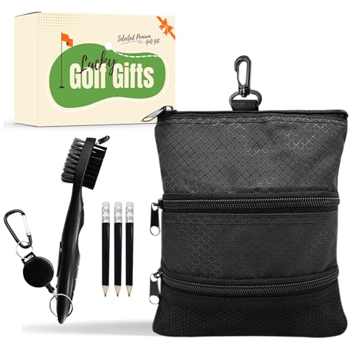 Golf Beutel Tasche für Wertgegenstände Tee Farbe und Golf Pinsel mit Geschenkbox, Golf Taschen Reißverschluss Multi-Pocket Gear Clip Haken zu Tasche (Schwarz) von Generisch