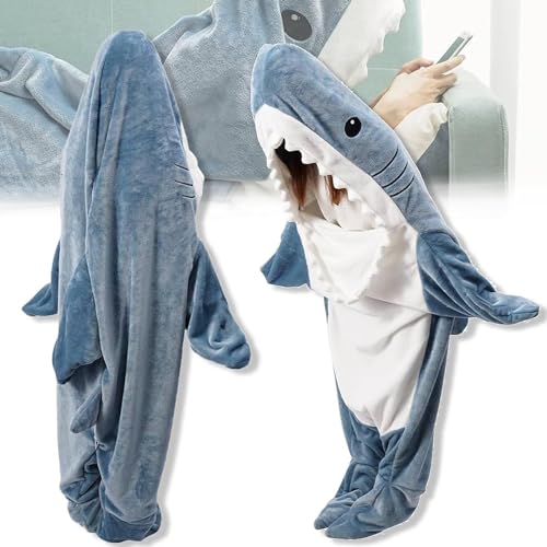 Hai Decke Erwachsene Zum Anziehen Hai Decke Schlafsack Hai Decke Kostüm, Flanell Shark Blanket, Hai Decke Anzug Super Weich, Gemütlich (Blau, 210cm) von Generisch