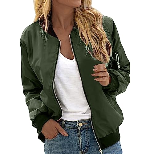 Jacke Damen Frühling Blouson Kurzarm Bomber Sommermantel Frühjahr Parka Jacket Übergangsjacke Sommer 90Er Bunt Sweatjacke Fliegerjacke Damenbekleidung Dünne Vintage Kurzjacke Grün S von Generisch
