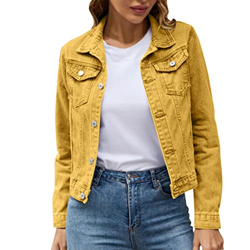 Jeansjacke Damen Stretch Vintage Langarm Kurzjacke Jeansjacke Übergangsjacke Kurze Stretch Denim Jeansjacken Jacke Leichte Mit Taschen Jacket Frühlingsjacke Damenjacken Gelb S von Generisch