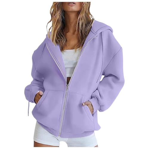 Jogging Jacke Damen,Hoodie Damen Sweatjacke Kapuzenjacke Lang Sweatshirt Kapuzenpullover Mit Kapuze Langarm Reißverschluss Mantel Oversize Pullover Sport Style Zipper Oversize Sweatshirtjacke Lila XL von Generisch