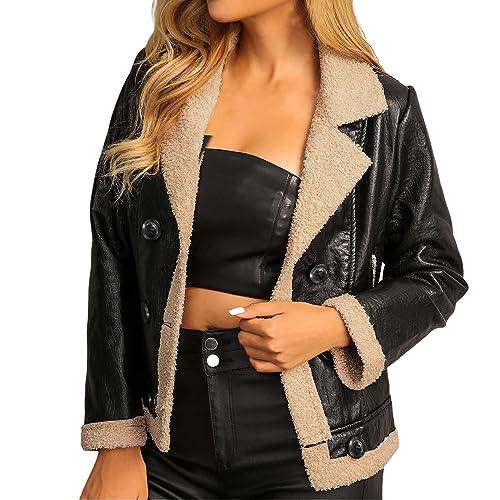 Kunstlederjacke Damen Vintage Schwarz Echtleder Oversize Bikerjacke Motorrad Jacke Herbst Elegant Lang Winter Damen-Jacken Lederjacke mit Fell Leather Jacket Kunstlederjacke von Generisch