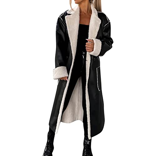 Lederjacken Für Damen Gefüttert Lang Vintage Leather Jacket Kunstlederjacke Elegant Winter Schwarz Echtleder Bikerjacke Lederjacke Herbst Oversize Damen-Jacken Motorrad Jacke von Generisch