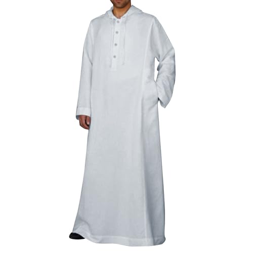 Muslimische Kleider Herren Weiß Gebetskleidung Für Männer Mit Kapuze Arabische Kleidung Herren Lang Knopf Hoch Thobe Muslim Kaftan Abaya Herren Muslimische Männer Kleidung von Generisch