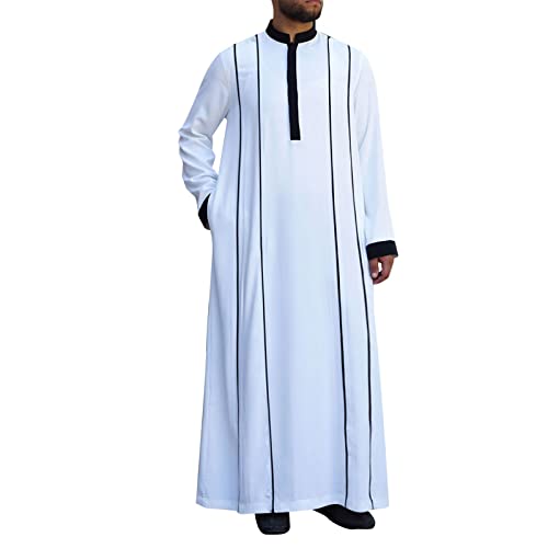 Muslimische Kleider Herren Weiß Herren Halloween Festlicher Roben Rundhals Streifen Print Muslim Kaftan Vintage Traditionelle Dubai MorgenmantelKostüm Lose Arabische Robe von Generisch