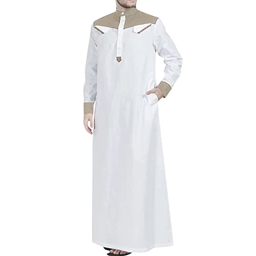 Muslimische Kleider Herren Weiß Muslimische Robe Arabischer Mittlerer Osten Robe Langarm Patchwork Stehkragen Langes Hemd Robe Islamische Gebetskleidung für Männer mit Taschen von Generisch