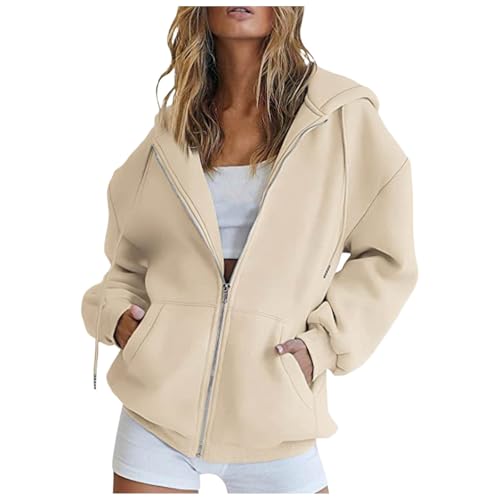 Oversize Jacke Damen,Hoodie Damen Sweatjacke Kapuzenjacke Lang Sweatshirt Kapuzenpullover Mit Kapuze Langarm Reißverschluss Mantel Oversize Pullover Sport Style Zipper Oversize Sweatshirtjacke Beige von Generisch