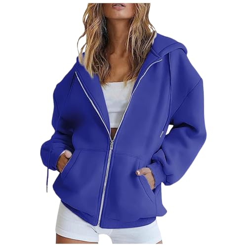 Plüschjacke Damen,Hoodie Damen Sweatjacke Kapuzenjacke Lang Sweatshirt Kapuzenpullover Mit Kapuze Langarm Reißverschluss Mantel Oversize Pullover Sport Style Zipper Oversize Sweatshirtjacke Blau XL von Generisch