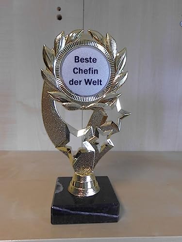 Pokal Beste Chefin der Welt - Geburtstag - Geschenk - Gr. 19,5 cm, (Gold) - Trophäe - Pokale - mit Emblem 50 mm Silber - (A1) von Generisch